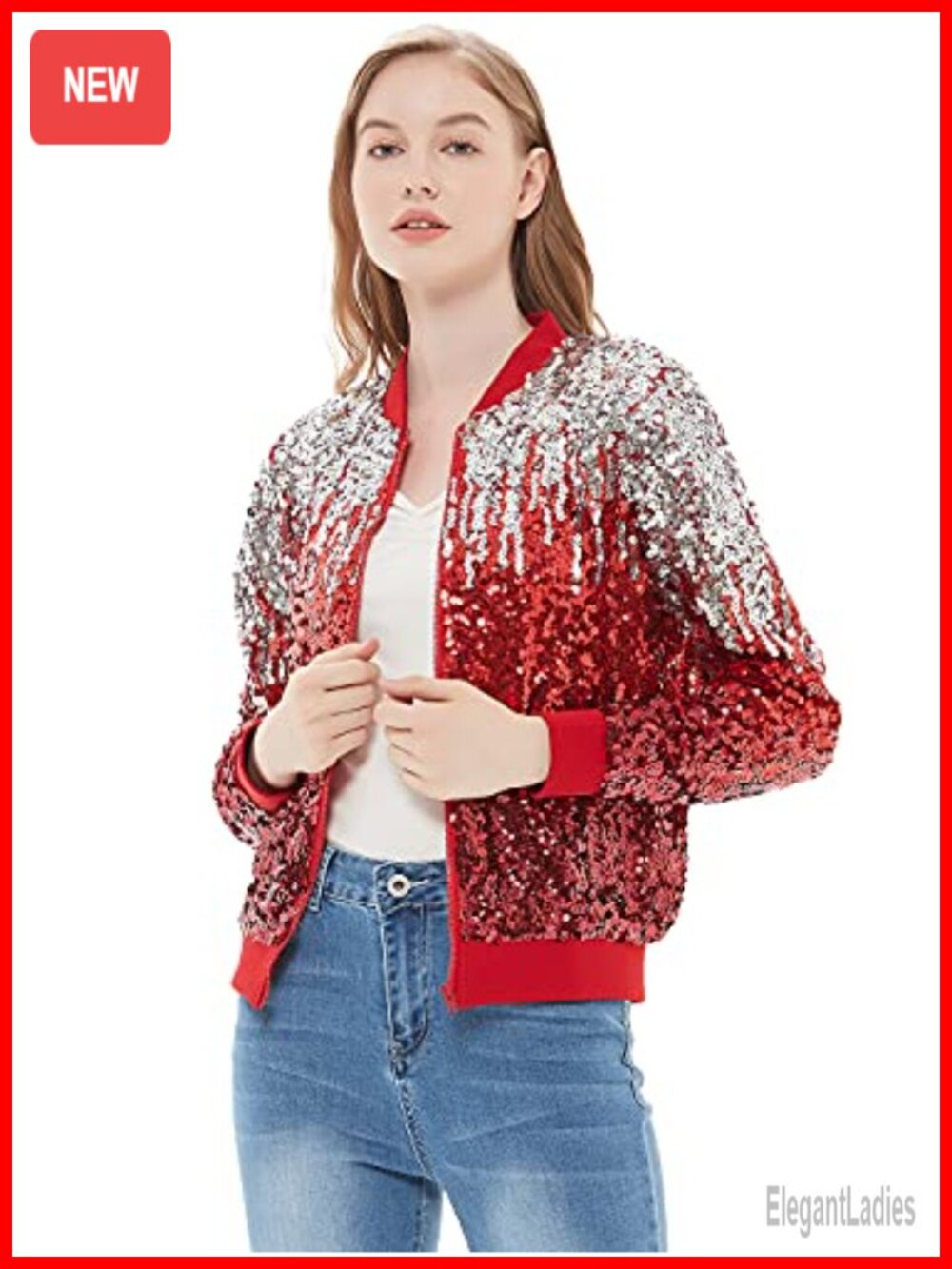 Sequin Bomber Jacket Long Sleeve Zip Up Sparkly Casual Party Coat